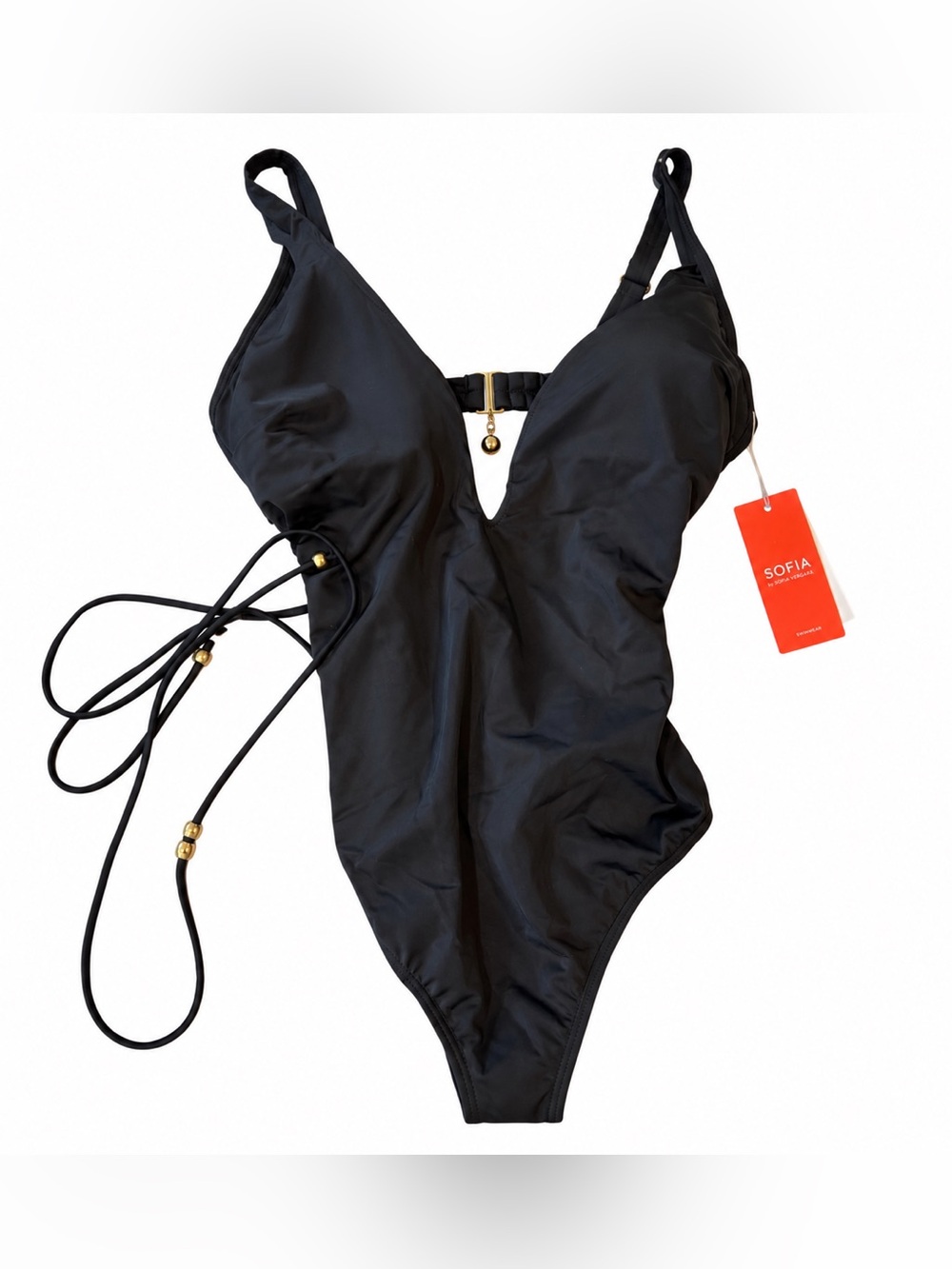 sofia by sofia vergara Black Plunge One-Piece Swimsuit with Side Tie